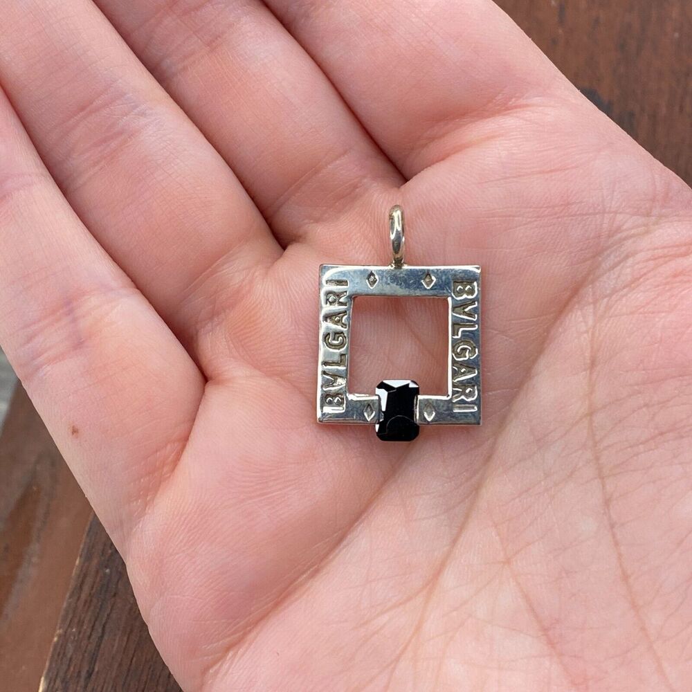 Vintage Bvlgari 925 Sterling Silver Black Onyx Open Square Pendant Charm